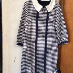 This Navy/ White Checked Dress Has A Retro Look. A Soft Fleece- Like Lining . Vintage Long Sleeve Dress For Day Out, Spring Collared Lined Dresses, Cotton Collared Shift Dress, Red Knit Dress, Purple Long Sleeve Dress, Long Sleeve Embroidered Dress, Zip Front Sweater, Checked Dress, Retro Style Dress