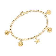 Ross-Simons - 14kt Yellow Gold Sea Life Paper Clip Link Charm Bracelet. 8". Make every day feel a beachy getaway with our sea life-inspired bracelet! Handcrafted in textured and polished 14kt yellow gold, the paper clip link chain suspends glittery seashell, starfish and sand dollar charms. Lobster clasp, 14kt yellow gold sea life paper clip link charm bracelet. Beachy Charm Bracelet, Yellow Gold Starfish Charm Jewelry For Beach, Gold Bracelets With Lobster Clasp For Vacation, Gold Bracelet With Lobster Clasp For Vacation, Gold Charm Bracelet With Starfish For Beach, Gold Strand Bracelet With Ocean-inspired Style, Bracelet Ideas Gold, Summer Jewlery, Beachy Accessories