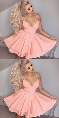 V Neck Short Homecoming Party Dress with Double Spaghetti Strap Dress Short, Cheap Party Dresses, Satin Homecoming Dress, Short Prom Dresses, Cheap Homecoming Dresses, Pink Homecoming Dress, Cheap Evening Dresses, Short Homecoming Dress, Short Cocktail Dress