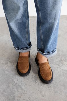 Introducing our  Brown Suede Loafers - a true fashion staple that combines timeless style with utmost comfort. Crafted from supple brown suede, these loafers are designed to elevate your everyday wardrobe effortlessly. The classic penny loafer silhouette adds a touch of sophistication, making them perfect for any occasion - be it dressing up for the office or casual outings with friends. With their versatile color, these brown leather loafers can easily be paired with jeans, dresses, or skirts. Casual Brown Slip-ons With Brogue Detailing, Classic Brown Slip-ons For Fall, Casual Brown Platform Loafers With Rubber Sole, Casual Brown Platform Loafers With Flat Heel, Casual Brown Platform Loafers With Leather Footbed, Casual Suede Slip-ons With Brogue Detailing, Casual Brown Platform Loafers, Fall Suede Slip-on Platform Loafers, Brown Slip-on Moccasins For Fall