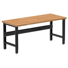 a wooden table sitting on top of metal legs