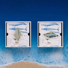 two boxes with pictures of different types of animals on them and sand in the ocean