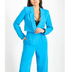 Jason Wu Cropped Blazer Jacket & Pants Linen Lined, Pants $280 Jacket $325 New Tailored Blue Pantsuit With Pockets, Tailored Blue Pantsuit For Spring, Blue Tailored Pantsuit For Spring, Blue Pantsuit With Pockets And Suit Collar, Blue Long Sleeve Spring Pantsuit, Blue Notch Lapel Pantsuit For Fall, Blue Workwear Sets For Fall, Business Casual Blue High-waisted Pantsuit, Fitted Cropped Sets For Workwear