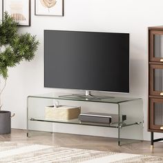 a flat screen tv sitting on top of a glass shelf next to a potted plant