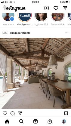 the instagram page shows an image of a dining room and kitchen area with wood ceilinging