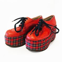 Pre-Owned. Beautiful True Vintage 1970’s Red Leather Shoes. - Size 7 - Super Rare Vintage From The 1970s - Sneaker Platform With Red Plaid Cushion 3 5/8” Platform And 1/4" Rubber Sole.  *Please Understand These Are Vintage From 70s* Very Good Vintage Condition: Means Wearable With Some Flaws. Flaws Such As Stains Over Time Or Minor Structural Flaws Have Made An Appearance. However, Overall They Have Redeeming Factors Such As Scarcity Or A Rare Design Making Them Desirable. Freshly Repaired By A Psychobilly Shoes, 1970s Sneakers, Gemini Moon, Sneaker Platform, 70s Shoes, Red Leather Shoes, 60s And 70s Fashion, Up Shoes, Book Characters