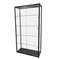 a black and glass display case on a white background