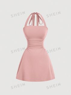 SHEIN MOD Women's Grey Halterneck A-Line Dress With Cinched Waist | SHEIN USA Stretch Sleeveless Halter Neck Dress With Ruched Detail, Casual Fitted Strapless Halter Dress, Solid Color Ruched Halter Neck Sleeveless Dress, Solid Ruched Halter Neck Sleeveless Dress, Ruched Halter Neck Sleeveless Dress, Fitted Halter Neck Dress With Drawstring, Fitted Sleeveless Mini Dress With Drawstring, Pink Ruched Sleeveless Halter Dress, Cinched Waist