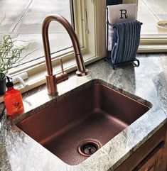 a kitchen sink sitting under a window next to a towel rack and potted plant