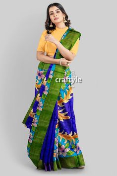 FESTIVE DISCOUNT-------------------------------------- Buy any 2 items and get 10% instant discount ! Buy any 3 items and get 15% instant discount ! ----------------------------------------------------------------- This is original hand painted saree with running blouse piece. The exclusive Hand Painting is done on high quality tussar silk. We have used Bishnupuri Pure Zari Tussar fabric so that the saree gets vibrant look with longevity. Every design is unique from each other, as our artisans h Green Blouse Piece With Traditional Patterns, Hand Painted Sarees, Tussar Silk Saree, Soft Silk Sarees, Handloom Saree, Saree Blouse Designs, Blouse Piece, Saree Blouse, Cotton Saree