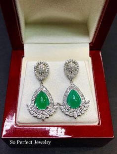 "BRAND-NEW!! ONE OF A KIND, HANDCRAFTED EARRINGS. So Perfect Jewelry proudly presents!! Delicately handcrafted, EXQUISITE COLOMBIAN EMERALD EARRINGS! Accented with superb quality, natural diamonds, set in handcrafted 18K solid white gold earrings. Classy and unique, elegant and charming, with vivacious Green COLOR, and sparkling diamonds, these dangling earrings sure make a lady feel like a princess! WE OFFER FREE CHRISTMAS GIFT PACKAGING, CHRISTMAS CARD WITH PERSONAL NOTES, FREE RING SIZING AND Luxury Hallmarked Pear-shaped Diamond Earrings, Luxury Pear-shaped Chandelier Earrings For Formal Events, Luxury Pear-shaped Gemstone Diamond Earrings, Luxury Pear-shaped Diamond Earrings With Gemstones, Formal Platinum Earrings With Gemstone, Formal Platinum Gemstone Earrings, White Gold Teardrop Chandelier Earrings Fine Jewelry, White Gold Teardrop Chandelier Earrings, Hallmarked Pear-shaped White Gold Diamond Earrings