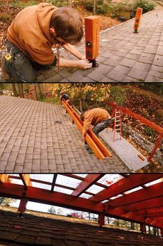 two pictures of a man working on a wooden bench in the fall, and then painting it red