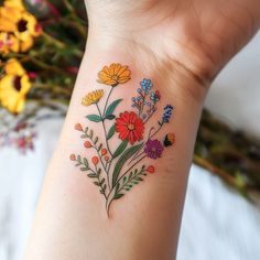 Radiant Wildflower Tattoo Art Set Small Color Floral Tattoo, Small Wildflower Tattoo Color, Stick And Poke Tattoos, Tattoo Sizes, Electric Tattoo, Wildflower Tattoo, Monthly Plan, Hand Poke, Badass Tattoos