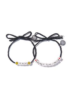 Say What? ❤️ "SAY ANYTHING" by making your own one-of-a-kind dessert-themed bracelet set! Super easy and fun to create with ability to change style and wording at any time! Wear both or share with a friend! Kit comes packaged in our clear vinyl reusable wallet and includes all of the below : 16" Braided black thread with silver plated hardware (x2) Ceramic alphabet charms (x2 of each letter) Ceramic symbol charms (!, $, #, +) mixed Small Smiley Face charm (x4) Small Heart cube charm (x4) Ceramic Ceramic Eye, Venessa Arizaga, Alphabet Charms, Cool Emoji, Unicorn Charm, Create Change, Bracelet Kits, Bee Charms, Black Thread