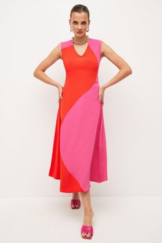 Soft Tailored Colorblock Midi Dress | Karen Millen Vibrant Multicolor V-neck Midi Dress, Elegant Multicolor Midi Sleeveless Dress, Chic Orange Color Block Dress, Orange Color Block V-neck Dress, Orange V-neck Color Block Dress, Pink Color Block Maxi Dress, Pink Color Block Midi Summer Dress, Chic V-neck Color Block Dresses, Orange Color Block Party Dress