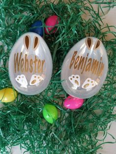 two plastic easter eggs sitting on top of green grass with the words, webster and benjamin