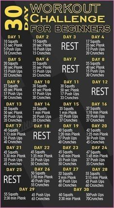 the workout schedule for beginners is shown in black and white with yellow numbers on it