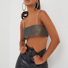 Crop Top Featuring A Black Iridescent Diamante Material, With Chain Strap Detailing, A Square Neck And A Bralet Design. Custom Crop Top, Black Iridescent, Bralette Crop Top, Moto Style, Satin Top, Black Crop, Corset Top, Chain Strap, Square Neck