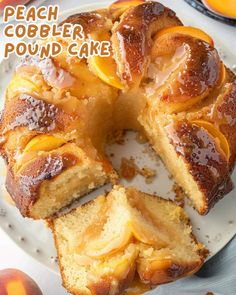 a peach cobbler pound cake on a white plate