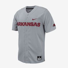 Rep Arkansas Baseball while looking like you just stepped off the diamond yourself in this replica baseball jersey. Team details pair with a button-down design and a classic fit to give you a look that's ready for every day, not just game day. Collegiate Cotton Baseball Jersey For Fans, Casual Nike Baseball Jersey For Fans, Nike Game Day Baseball Jersey, Collegiate Baseball Jersey For Baseball Season, Nike Baseball Jersey For Fan Gear, Nike Baseball Jersey For Baseball Season, Nike Sporty Baseball Jersey For Fans, Nike Collegiate Baseball Jersey For Sports, Nike Baseball Jersey For Baseball Season Events