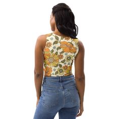 Look fabulous in this retro flower pattern all-over printed, body-hugging crop top. Channel the 60's and 70's with the orange and yellow daisies and marigolds in this cute and trendy tank top. Features:   * 82% polyester, 18% spandex   * Fabric weight: 6.78 oz/yd² (230 g/m²) (weight may vary by 5%)   * Material has a four-way stretch, which means fabric stretches and recovers on the cross and lengthwise grains.   * Made with a smooth, comfortable microfiber yarn   * Body-hugging fit   * Precision-cut and hand-sewn after printing Check out our listing photo to see how the crop tops are printed and sewn together! This product is made especially for you as soon as you place an order, which is why it takes us a bit longer to deliver it to you. Making products on demand instead of in bulk helps Floral Print Stretch Cropped Top, Stretch Floral Print Cropped Top, Stretch Cropped Floral Print Crop Top, Fitted Summer Tops With Retro Print, Fitted Cropped Floral Print Crop Top, Yellow Retro Tops With Retro Print, Retro Yellow Tops With Retro Print, Yellow Retro Print Tops, Printed Fitted Cropped Tops