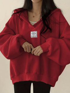 Plus Size Loose Fit Hoodie With Badge And Drop Shoulder Detail Red Casual  Long Sleeve Fabric Letter,Plain Pullovers Slight Stretch  Women Plus Clothing, size features are:Bust: ,Length: ,Sleeve Length: Hooded Sweatshirt Dress, Leg Of Mutton Sleeve, Drop Shoulder Hoodie, Workout Hoodie, Drawstring Hoodie, Inspiration Mode, Casual Style Outfits, Sweatshirt Dress, Long Sleeve Sweatshirts