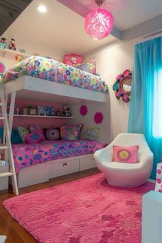 a bedroom with bunk beds and pink rugs