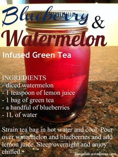 blueberry and watermelon infused green tea in a mason jar with instructions on how to use it