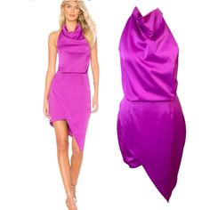 Elliatt Camo Dress Satin Fuschia Purple Asymmetrical Cocktail Evening Wedding Nwt Sz M An Off-Center Hemline And A Halter Neck Make An Artfully Modern Statement On This Satin Cocktail Dress That Will Catch Compliments. 14” Waist 17” Armpit To Armpit 33 1/2" To 43" Length (Size Medium) Hidden Back-Zip Closure Halter Neck Sleeveless, With Cutaway Shoulders Lined 97% Polyester, 3% Spandex Sleeveless Fitted High Low Wedding Dress, Sleeveless Asymmetrical Wedding Dress, Fitted Asymmetrical Bridesmaid Dresses, Fitted Sleeveless High Low Dress For Party, Fitted Sleeveless High Low Party Dress, Fitted High-low Midi Dress For Party, Fitted High Low Party Dress, Asymmetrical Satin Draped Dress, Purple Sleeveless Satin Dress For Party