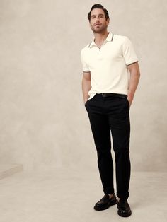 A style for all seasons, this ultra soft cotton polo is crafted with a retro-inspired zip collar.  Here, we cut it from our best-selling Luxury-Touch jersey—beloved for its softness and smooth fabrication that's more dressed-up than the average polo.  Standard fit.  Polo collar with zip.  Straight hem with side vents.  Standard fit.  Short sleeves.  Hits at the hip.  Model: Size M, 6'2" (188cm). Mens Zara Outfits Summer, Men's Business Casual Outfits 2024, Cocktail Hour Attire For Men, European Mens Fashion Summer Street Styles, Mens Date Outfit Night, Polo And Slacks Men, Classic Men Fashion, Short Men Fashion Clothing, Men Date Outfit Casual