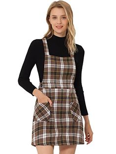 Plaid Dress Outfit Summer, Printed Overalls, Plaid Dress Outfit, Brown Plaid Dress, Court Fashion, November Vibes, Dress Outfit Summer, Plaid Overall Dress, Button Decor