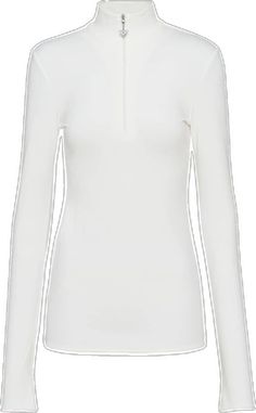 White Fitted Mock Neck Top With Funnel Neck, White Stretch Tops With Funnel Neck, Sleek White Stretch Top, High Stretch White Mock Neck Top, Jersey Top, Half Zip, Prada, White