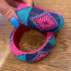 Never Worn, Cute For Halloween Spring Party Blue Bracelets, Pink Woven Bracelet For Summer, Pink Woven Bracelet Jewelry, Handmade Fun Bracelet, Pink Bangles, Teal And Pink, Blue Teal, Womens Jewelry Bracelets, Color Blue