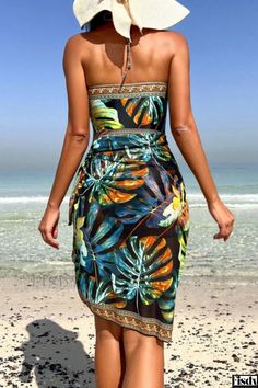 Fisdy - Island-Inspired Swimwear with Flared Beach Skirt for a Chic Look Halter Neck Swimsuit, Tropical Oasis, Suits Clothing, Vacation Vibes, Exclusive Dress, Beach Skirt, Prom Dress Shopping, Romper Outfit, Urban Dresses