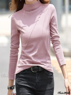 Olivia Mark - Button Decor Mock Neck T-Shirt, Versatile Solid Long Sleeve T-Shirt For Spring & Fall, Women's Clothing Mock Neck And T Shirt, Button Decor, Style Elegant, Olivia Mark, Spring And Fall, Mock Neck, Long Sleeve T Shirt, Neck T Shirt, Long Sleeve Tshirt