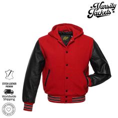 Hoodie Collar Wool Body Color: Red Leather Sleeve Color: Black Snap Color: Black Leather Pocket Color: Black Knit Trim Pattern: 2 Stripes with feathering Knit Trim Base Color: Red Knit Trim Stripes Color: Black Knit Trim Outline/Feathering Color: White Jacket lining: Quilted Red Varsity Jacket With Ribbed Cuffs For Fall, Classic Red Varsity Jacket For Streetwear, University Red Varsity Jacket For College In Winter, Red Varsity Jacket For Fall Streetwear, Varsity Style University Red Outerwear For Winter, Varsity University Red Outerwear For Winter, University Red Varsity Jacket For Fall Streetwear, Winter University Red Varsity Jacket For Streetwear, University Red Varsity Outerwear For Winter