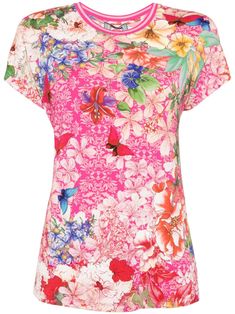 pink/multicolour all-over floral print crew neck short sleeves straight hem Multicolor Floral Print Crew Neck Top, Spring Patterned T-shirt With All Over Print, Patterned All Over Print T-shirt For Spring, Pink Tops With Sublimation Print For Spring, Pink Floral Print T-shirt For Summer, Spring Floral Print Short Sleeve Crew Neck Top, Multicolor Floral Print T-shirt For Summer, Pink Crew Neck Top With All Over Print, Summer Crew Neck Top With Vibrant Print