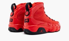 The Air Jordan 9 “Chile Red” is an attention-grabbing, red-based makeup of Michael Jordan’s ninth signature shoe that was released in February 2022.  The Air Jordan 9, a shoe that Jordan wore briefly not with the Chicago Bulls, but during his time with the Washington Wizards, receives a predominantly all-red color scheme on the “Chile Red” colorway.  The upper of the shoe is constructed of Chile Red suede.  Both the mudguard and heel appear in shiny red patent leather.  The black eyelets contras All Red Nike Shoes, Red Nike Shoes, Air Jordan 9 Retro, Nike Shoes Women Fashion, Jordans Shoes, Red Jordans, New Jordans Shoes, Jordan 9 Retro, Iwc Watches