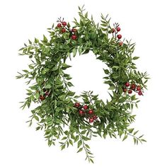 a green wreath with red berries and leaves