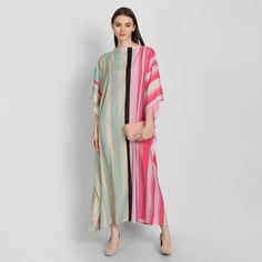 COMFORT: Lovely versatile crepe silk kaftan with multiple uses. Loose free flowing Satin Silk for maximum comfort and elegance. This kaftan compliments all body types with its bold loose design. ONE SIZE. MULTI USE: Chic kaftan dress is made of lightweight free flowing crepe silk which effortlessly drapes and adds elegance to any occasion. The sides are closed and makes ideal for use on the beach, by the pool, BBQ, home, lounge wear, day dress or jazz it up with accessories for the evening. Smar Multicolor Tunic Kurta For Spring, Multicolor Kurta For Beach And Spring Season, Multicolor Maxi Length Kaftan For Beachwear, Multicolor Maxi Kaftan For Beachwear, Multicolor Silk Kurta For Spring, Multicolor Tunic Dress For Eid, Eid Vacation Tunic Kurta, Summer Multicolor Straight Kurta, Eid Vacation Kurta Tunic