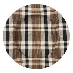 a brown and black plaid plate on a white background