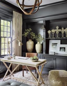 a living room filled with furniture and a wooden table in front of a large window