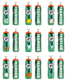 an image of water bottles with different sports logos on them and names for each bottle