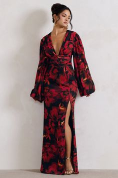 Casarile Red Floral Print V-Neck Balloon Sleeve Maxi Dress – Club L London - USA Summer Formal Dresses, Club L London, Exaggerated Sleeves, Leg Split, Black Dress Prom, Black Tie Gala, Red Floral Print, Party Dress Long Sleeve, Black Sequin Dress