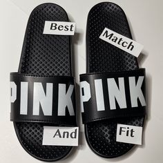 New With Tags Victoria’s Secret Pink Slides Sandals Beach Logo Size Large Water Slides Pool Slides Padded Foam Size Small Medium Large Size Small Fits 5-6 Size Medium Fits 7-8 Size Large Fits 9-10 Price Is Firm Black Flip Flops For Summer Vacation, Black Non-slip Sandals For Beach Season, Black Casual Flip Flops For Beach Season, Black Open Toe Sandals For Poolside, Casual Black Flip Flops For Beach Season, Black Sport Sandals For Beach In Spring, Black Summer Flip Flops For Vacation, Black Sport Sandals For Beach Spring Season, Black Summer Slides For Beach Season