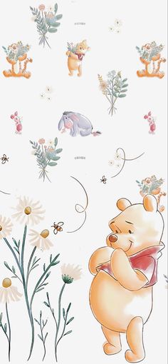 winnie the pooh wall decals with daisies and other flowers on white background