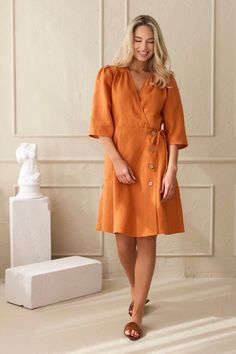 Burnt Orange Linen Dress, Wrap Dress, Natural 100 Linen, Summer Dress, Midi Dress Linen, Sustainable Clothing, Midi Dress - Etsy Orange Linen Dress, Summer Dress Midi, Linen Summer Dress, Linen Summer, Dress Linen, Dress Wrap, Dress Midi, Clothing Care, Linen Dresses