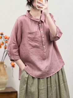 Details: Fabric: 100%Linen Size: One Size Size: Length: 60.00 cm/ 23.62 " Bust: 114.00 cm/ 44.88 " Shoulder: 41.00 cm/ 16.14 " Spring Blouse With Casual Collar In Solid Color, Spring Linen Tops With Pockets, Summer Tops With Pockets And 3/4 Sleeves, Relaxed Fit Tops With Pockets And 3/4 Sleeves, Spring Linen Tops With Casual Collar, Spring Linen Tops With Collar, Casual Linen Top With Collar, Casual Collared Linen Tops With Pockets, Spring Blouse With Relaxed Fit And Casual Collar