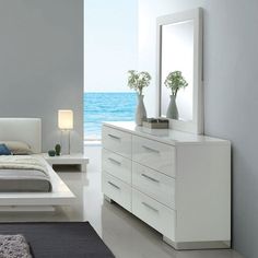 Christie CM7550D Dresser By Furniture Of AmericaBy sofafair.com White 6 Drawer Dresser, Contemporary Dresser, Bedroom Minimalist, White Dresser, Bedroom Sets Queen, Padded Headboard, Style Deco, Modern Dresser, Double Dresser