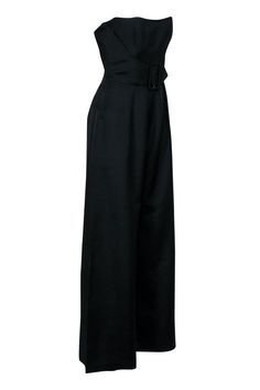 Ditch the dress and sass up your evening with Martin Grant's Black Strapless Jumpsuit. With a chic buckle detail, polished pleats, and wide-leg elegance, this jumpsuit is the perfect pairing for your favorite black pumps. Size S Shell 57% Virgin Wool, 43% Viscose Lining 68% Acetate, 32% Polyester Hidden back zip Buckle detail Strapless Wide-leg Pleated Bust 32" Waist 36" Inseam 32" Length 53" Tailored Evening Pantsuit With Wide-leg Pants, Tailored Wide-leg Evening Pantsuit, Fitted Jumpsuits With Belt Loops For Night Out, Elegant Solid Color Pantsuit For Date Night, Belted Strapless Jumpsuit For Workwear, Elegant Evening High-waisted Pantsuit, Elegant Belted Evening Bottoms, Elegant Solid Pantsuit For Night Out, Chic Formal Belted Jumpsuits And Rompers